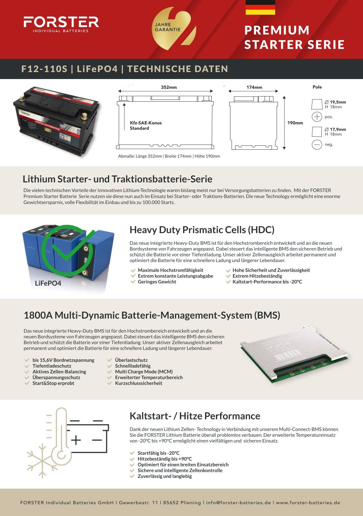 FORSTER 110Ah 12.8V LiFePO4 Heavy Duty Automotive Lithium Batterie 2200A 352 x 174 x 190mm ~14,0kg Pb-eq 220Ah