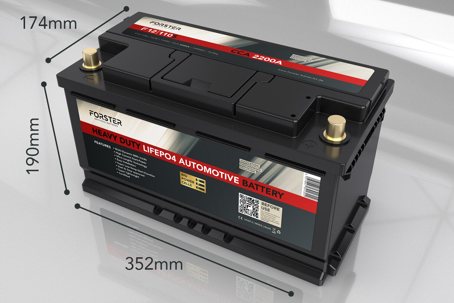 FORSTER 110Ah 12.8V LiFePO4 Heavy Duty Automotive Lithium Batterie 2200A 352 x 174 x 190mm ~14,0kg Pb-eq 220Ah
