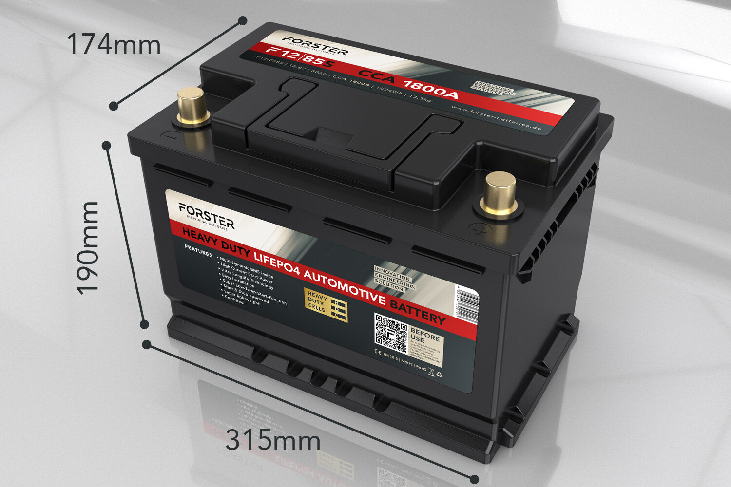 Forster 80AH 12.8V LIFEPO4 Heavy Duty Automotive Lithium Battery 1800a 352 x 174 x 190mm ~ 10.8kg PB-EQ 160AH