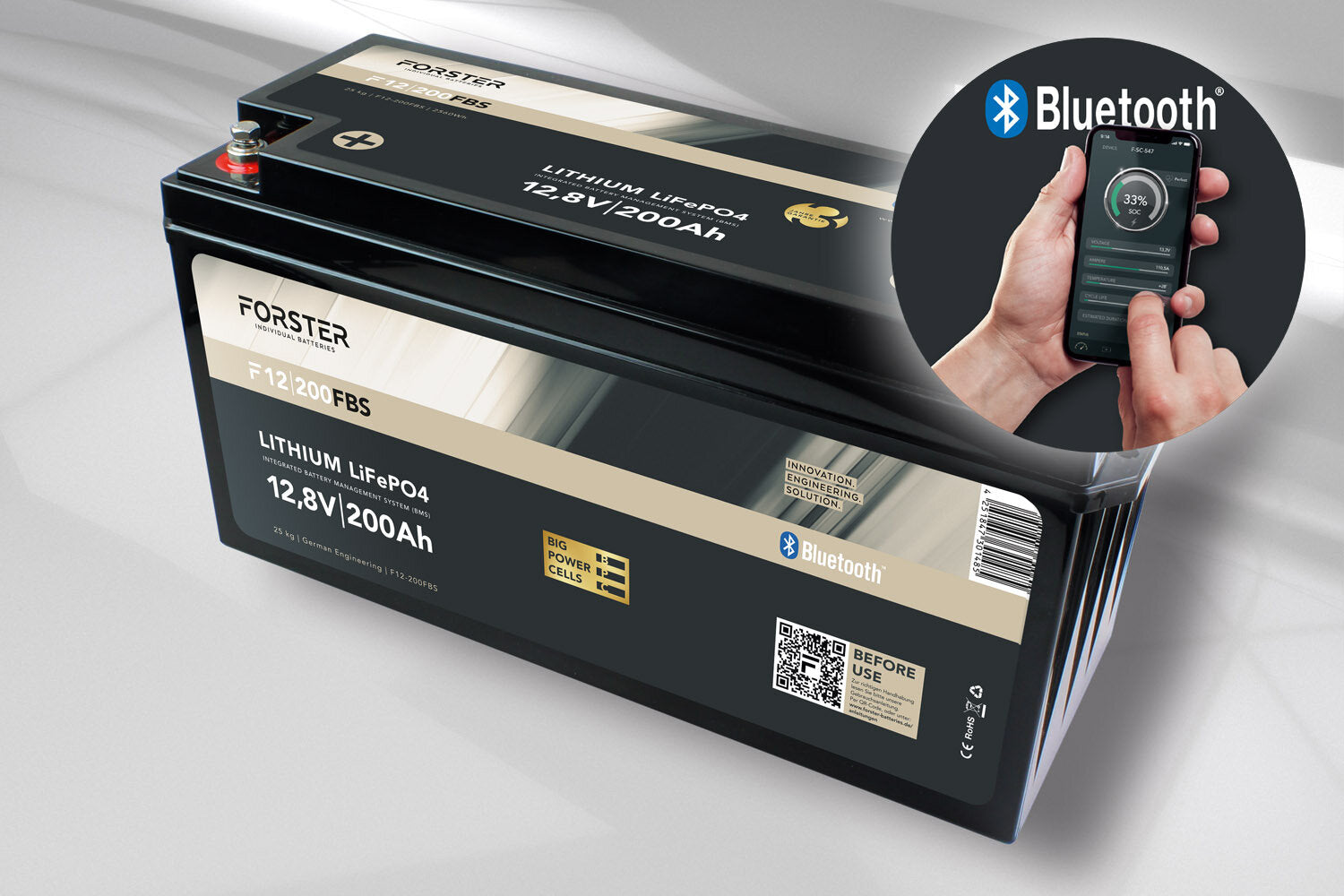 Forster 12.8V Lithium 300AH LIFEPO4 Battery 200A-BMS with 500A Mess-Shunt Smart Bluetooth 3840Wh Action-
