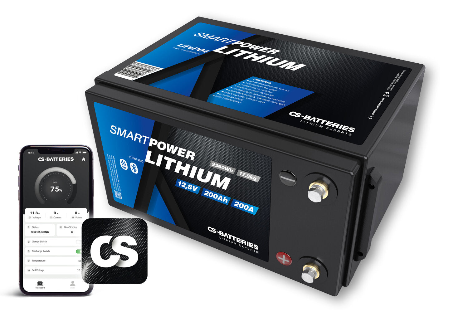 Forster CS 200Ah | 12,8V | 2560Wh | SMART POWER Lithium LiFePO4 Batterie mit Bluetooth 5.0 | integriertem 200A-400A BMS-2.1 | Heizung