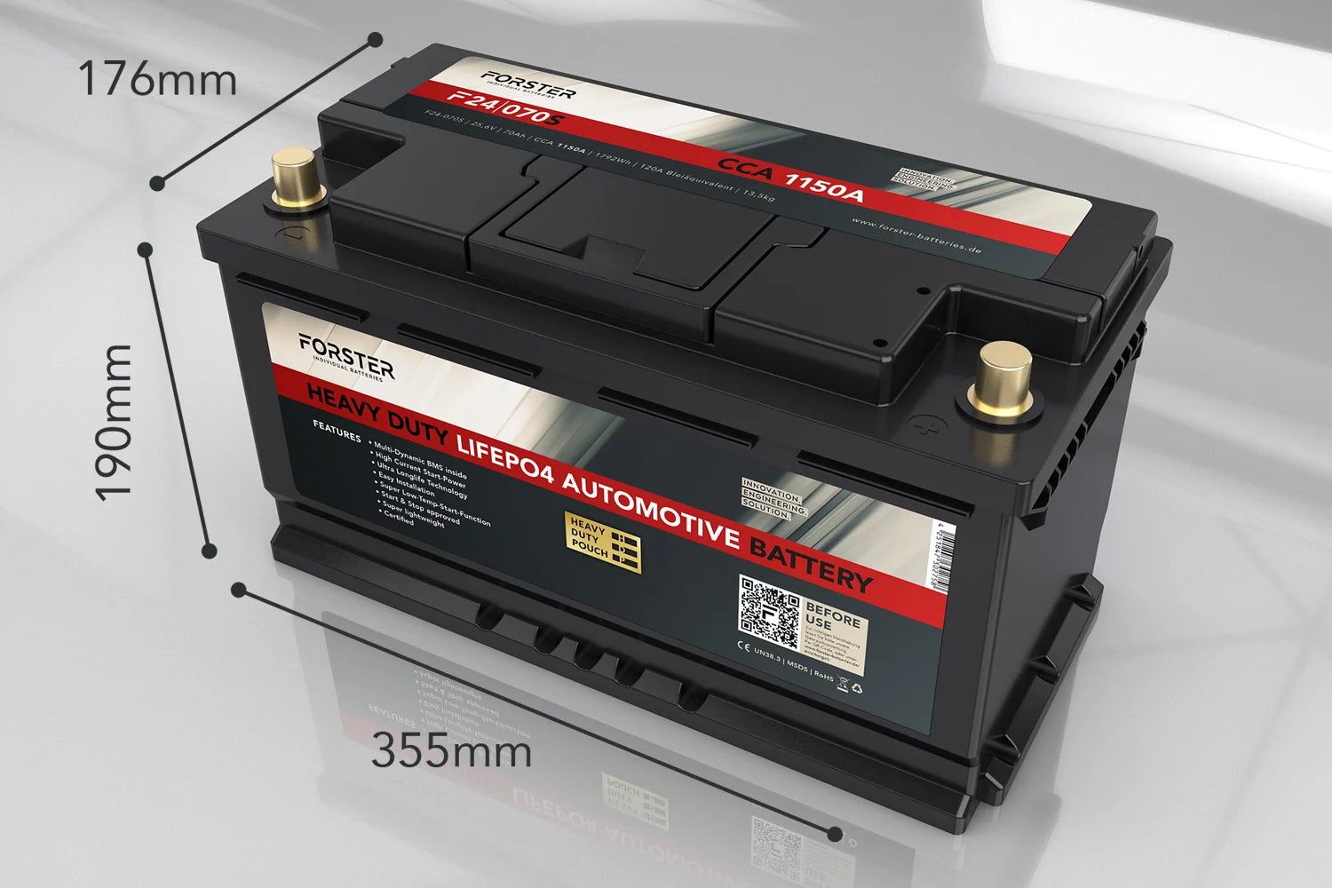FORSTER 25,6V | 70Ah | LiFePO4 | Heavy Duty Automotive Lithium Batterie | 1150A | 355 x 176 x 190mm | ~13,5kg | Pb-eq 140Ah