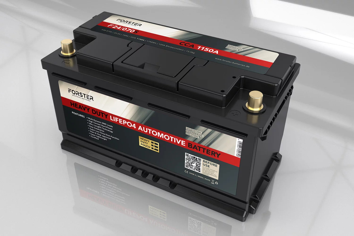 FORSTER 25,6V | 70Ah | LiFePO4 | Heavy Duty Automotive Lithium Batterie | 1150A | 355 x 176 x 190mm | ~13,5kg | Pb-eq 140Ah