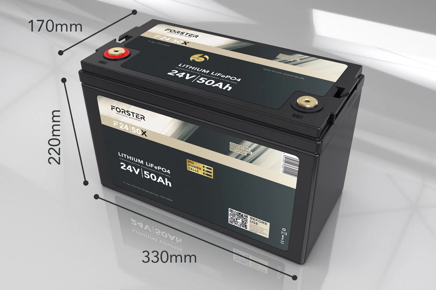 FORSTER 25.6V Lithium 50Ah LiFePO4 Premium Battery | 200A-BMS-2.0 | 500A Bluetooth measuring shunt | 1280Wh | IP67