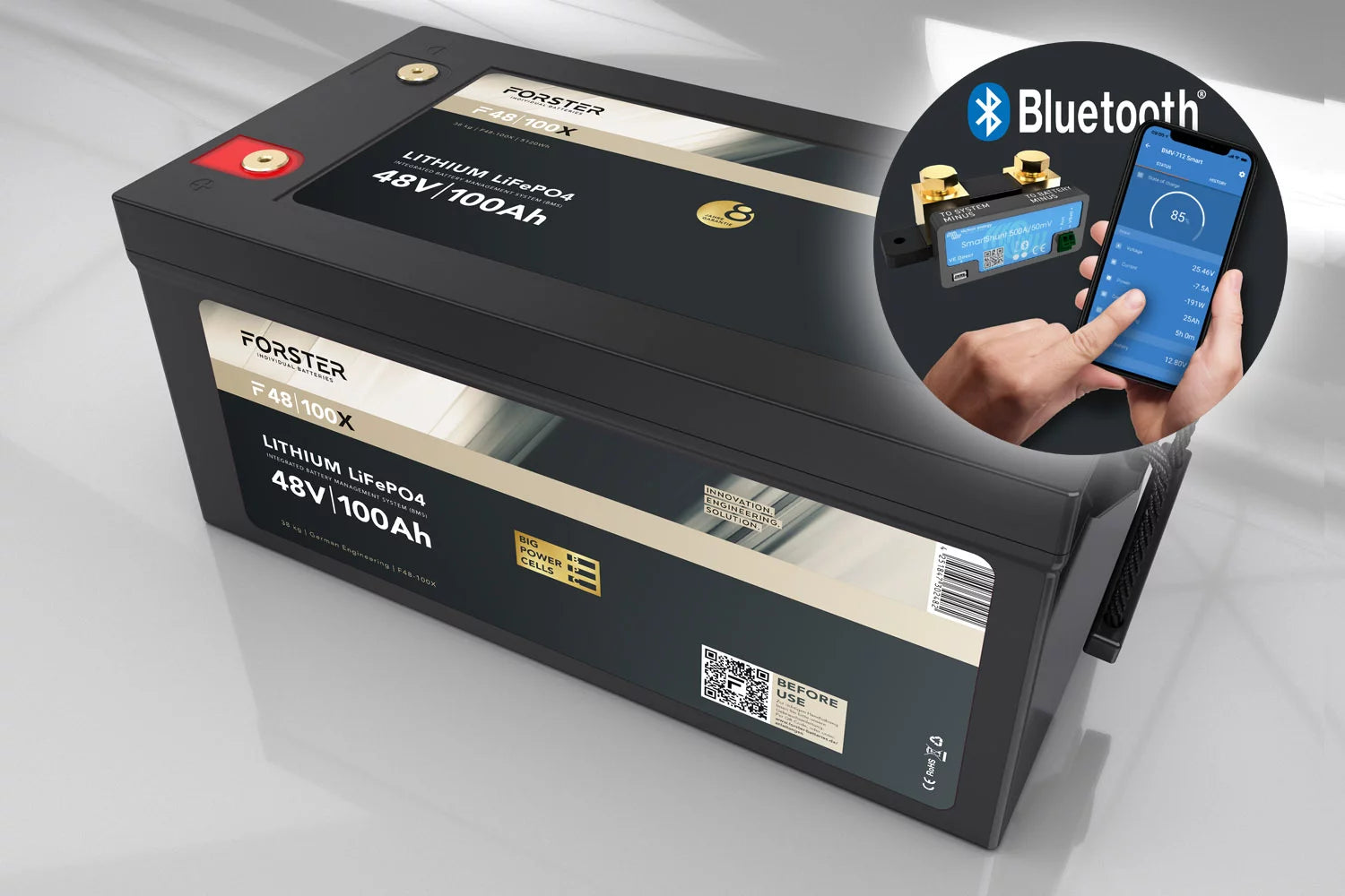 FORSTER 51,2V Lithium 100Ah LiFePO4 Premium Batterie | 200A-BMS-2.0 | 500A Bluetooth Mess-Shunt | 5120Wh | IP67