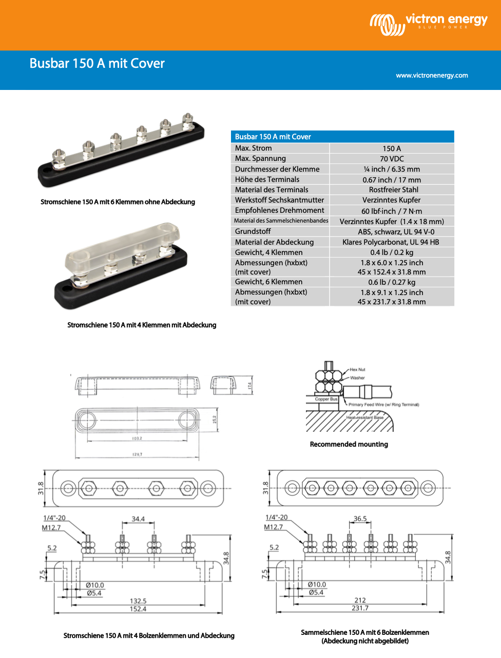 Victron Busbar 150a 6p+κάλυμμα