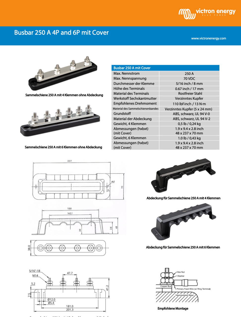 Victron Busbar 250A 4P+Cover
