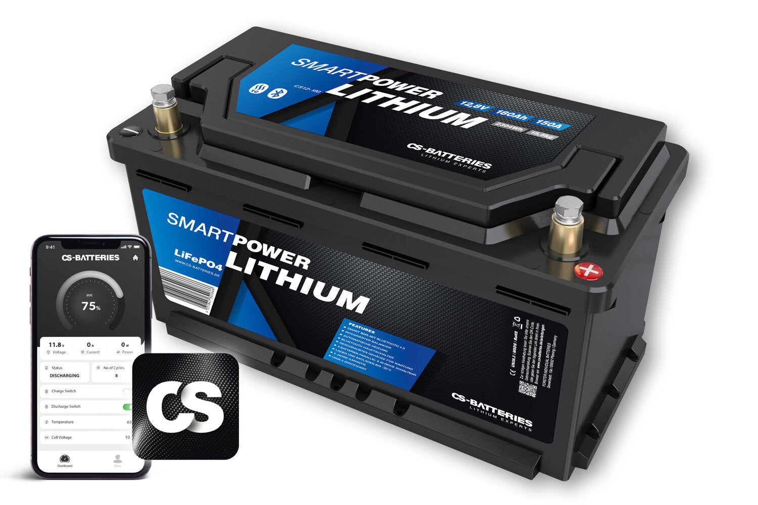 CS 180AH | 12.8V | 2304Wh | Smart Power Lithium LifePO4 Μπαταρία με Bluetooth 5.0 | Ολοκληρωμένο 150A-300A BMS | Θέρμανση