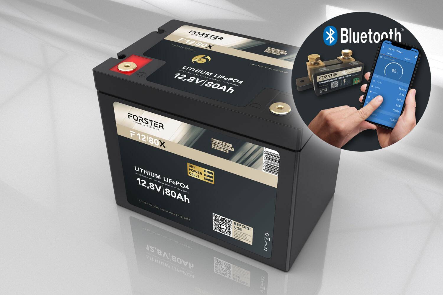 FORSTER 80Ah 12.8V LiFePO4 premium battery | 200A-BMS-2.0 | 500A Bluetooth measuring shunt | IP67