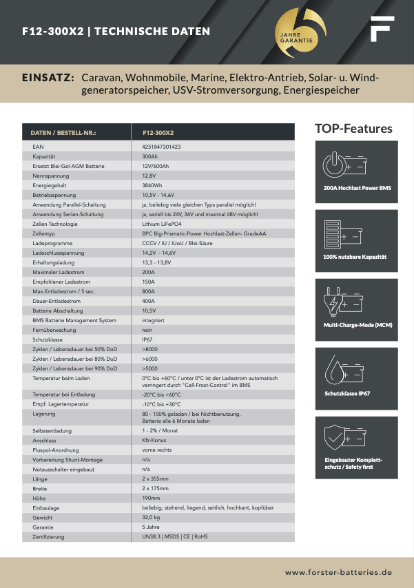 FORSTER 300Ah 12,8V Lithium LiFePO4 Premium Batterie | 400A-BMS-2.1 | 3840Wh | IP67