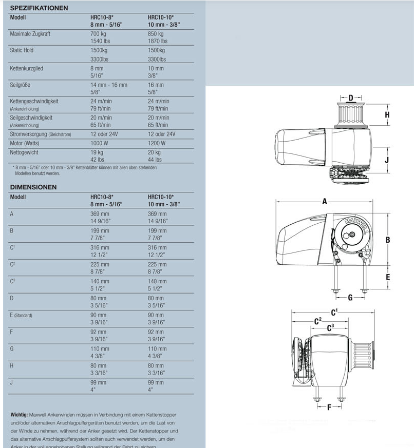 Maxwell Horizontal Ankerwinde HRC10-8 12V with Spill