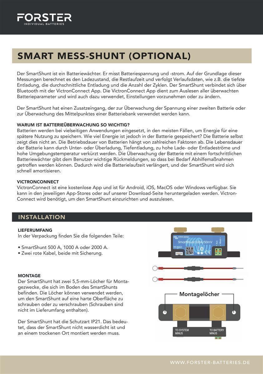 FORSTER 50Ah 51.2V LiFePO4 Premium Battery | 200A-BMS-2.0 | 500A Bluetooth measuring shunt | IP67