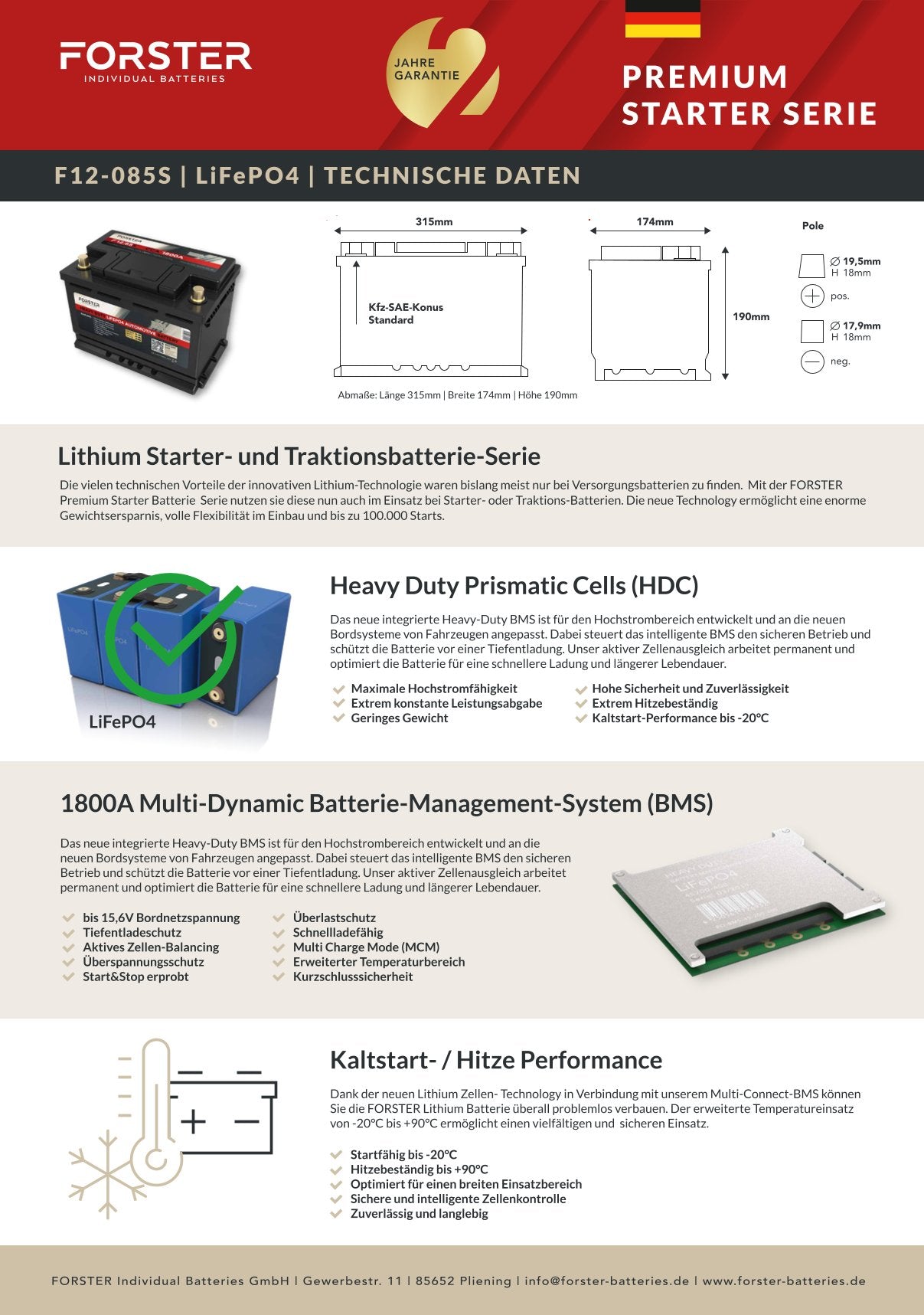 Forster 80AH 12.8V LIFEPO4 Heavy Duty Automotive Lithium Battery 1800a 352 x 174 x 190mm ~ 10.8kg PB-EQ 160AH
