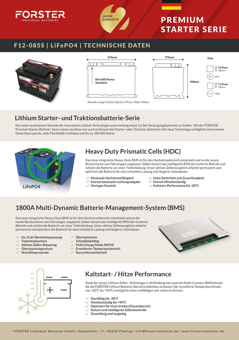 FORSTER 85Ah 12.8V LiFePO4 Heavy Duty Automotive Lithium Batterie 1800A 315 x 174 x 190mm ~13,5kg Pb-eq 170Ah