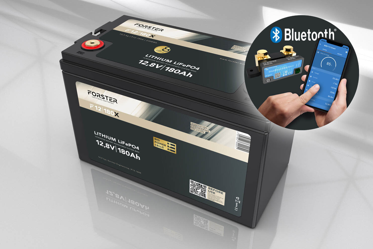 Forster 180AH 12.8V LIFEPO4 Premium Battery 200a-BMS-2.0 500A Bluetooth Mess-Shunt 2304WH IP67