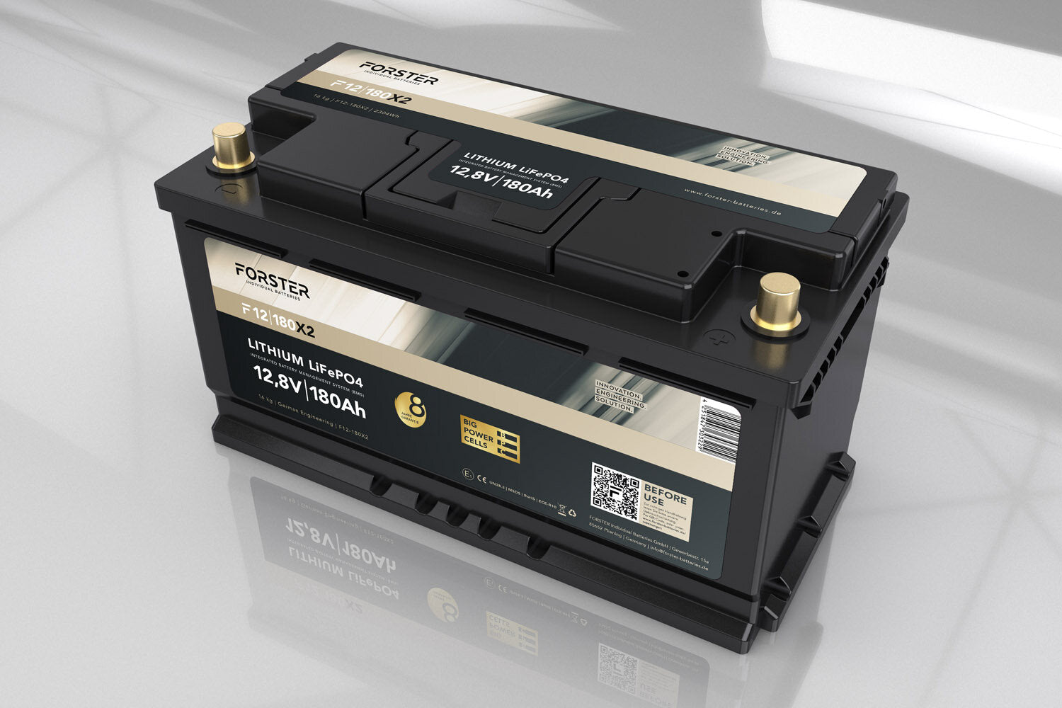 FORSTER 180Ah 12,8V Lithium LiFePO4 Premium Batterie | 200A-BMS-2.1 | 2304Wh | IP67 I 500A Bluetooth Mess-Shunt