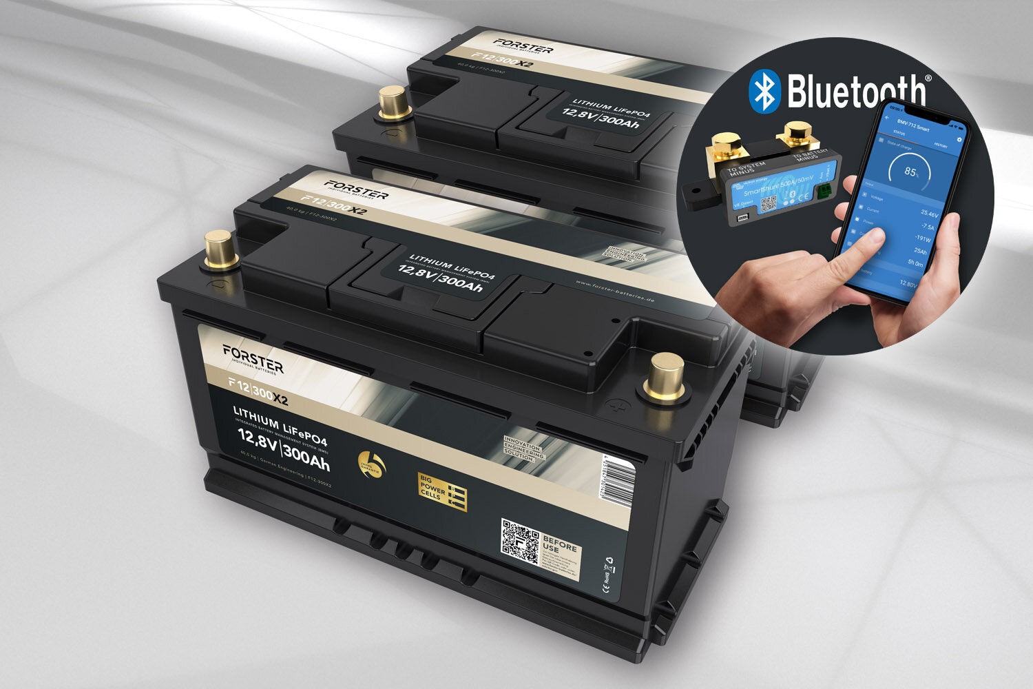 Forster 300AH 12.8V LIFEPO4 Premium Battery 200a-BMS-2.0 500A Bluetooth Mess-Shunt 3840WH IP67