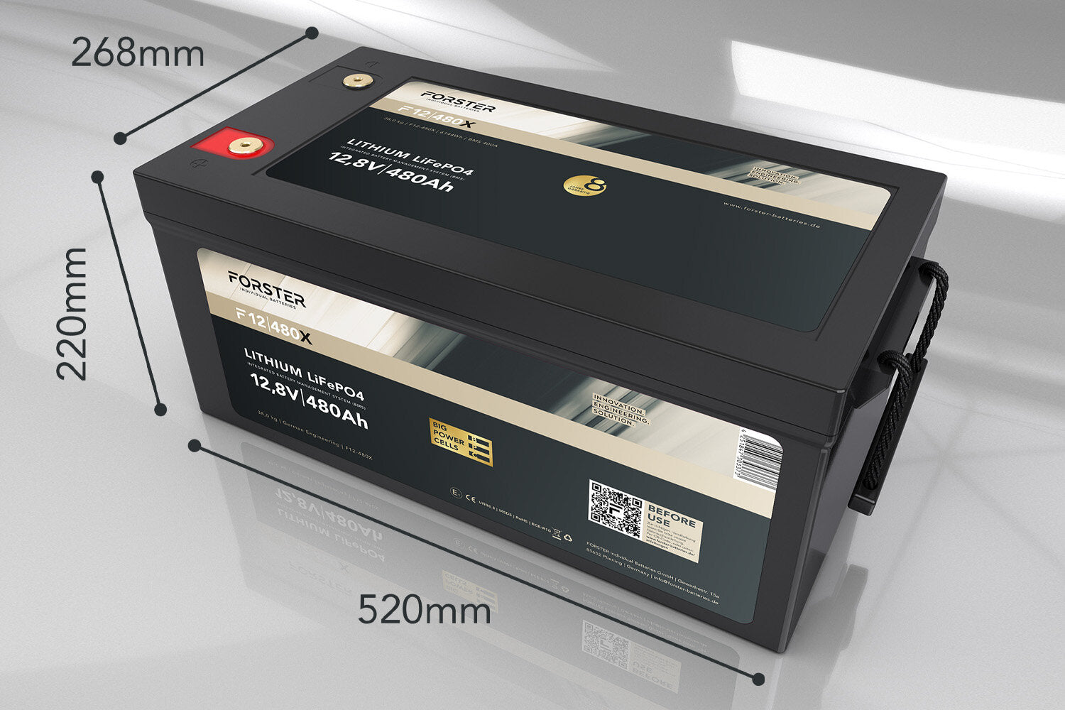 FORSTER 480Ah 12,8V Lithium LiFePO4 Premium Batterie 300A-BMS-2.1 | 500A Bluetooth Mess-Shunt | 6144Wh IP67