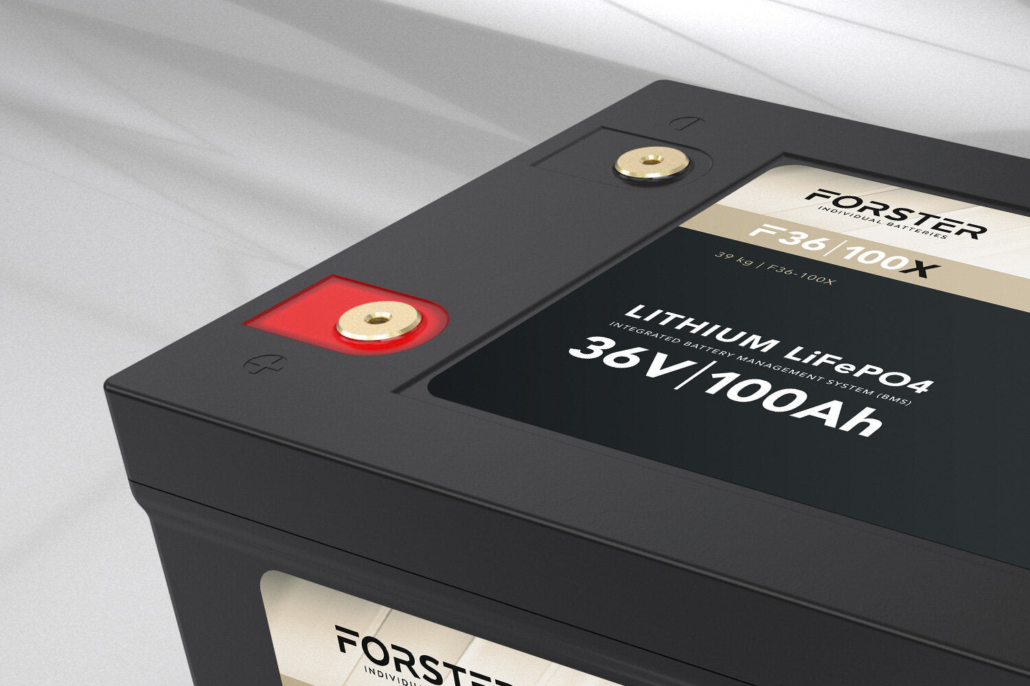 FORSTER 100Ah 38.4V Lithium LiFePO4 Premium Battery 200A-BMS-2.0 500A Bluetooth measuring shunt 3840Wh IP67