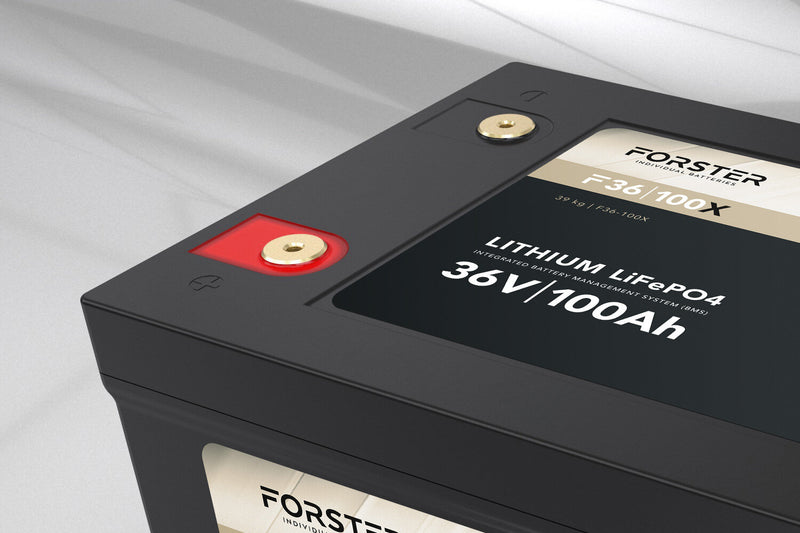 FORSTER 100Ah 38,4V Lithium LiFePO4 Premium Batterie 200A-BMS-2.0 500A Bluetooth Mess-Shunt 3840Wh IP67