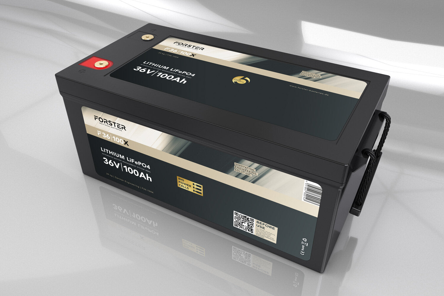 FORSTER 100Ah 38.4V Lithium LiFePO4 Premium Battery 200A-BMS-2.0 500A Bluetooth measuring shunt 3840Wh IP67