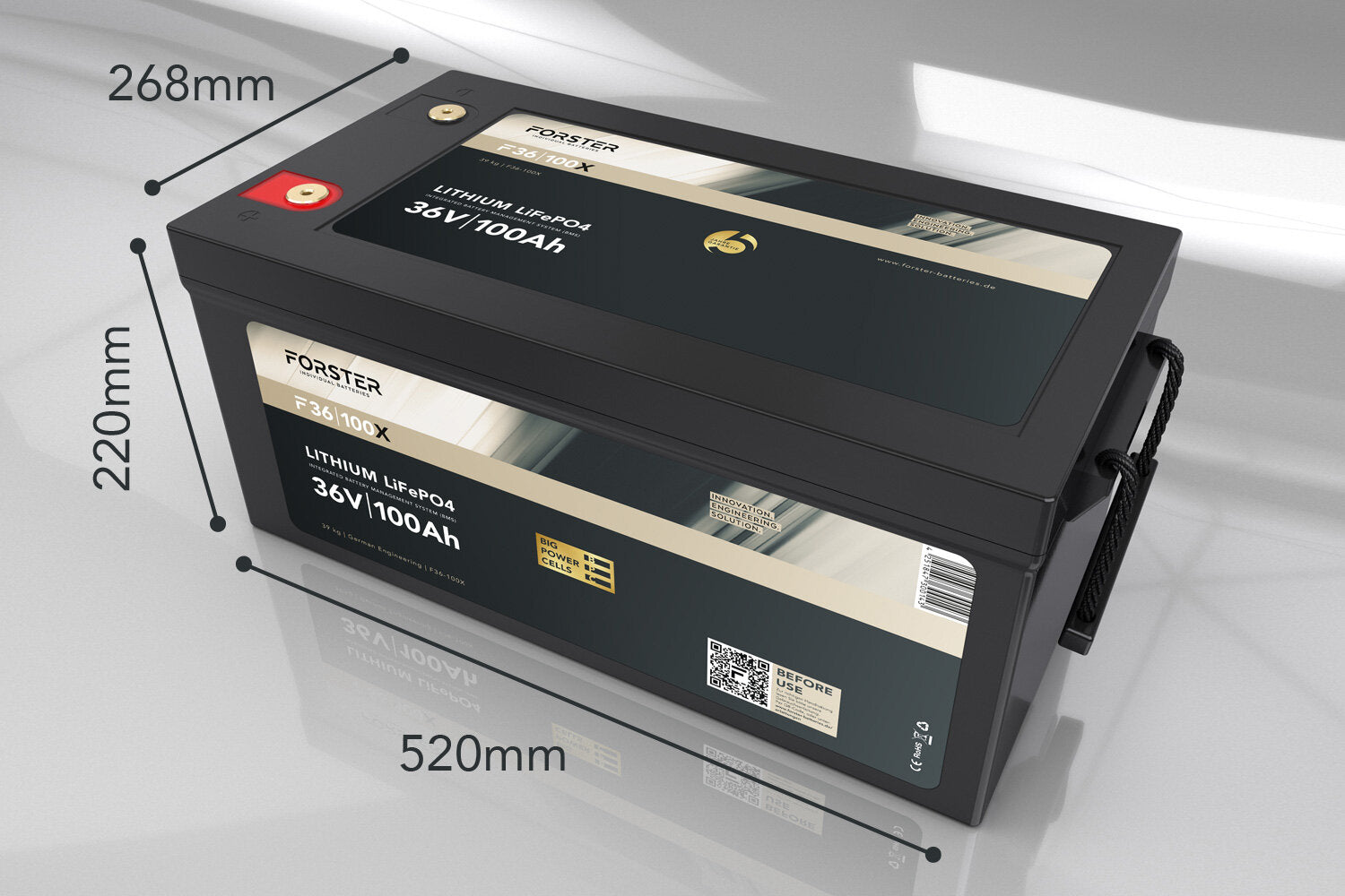 FORSTER 100Ah 38.4V Lithium LiFePO4 Premium Battery 200A-BMS-2.0 500A Bluetooth measuring shunt 3840Wh IP67
