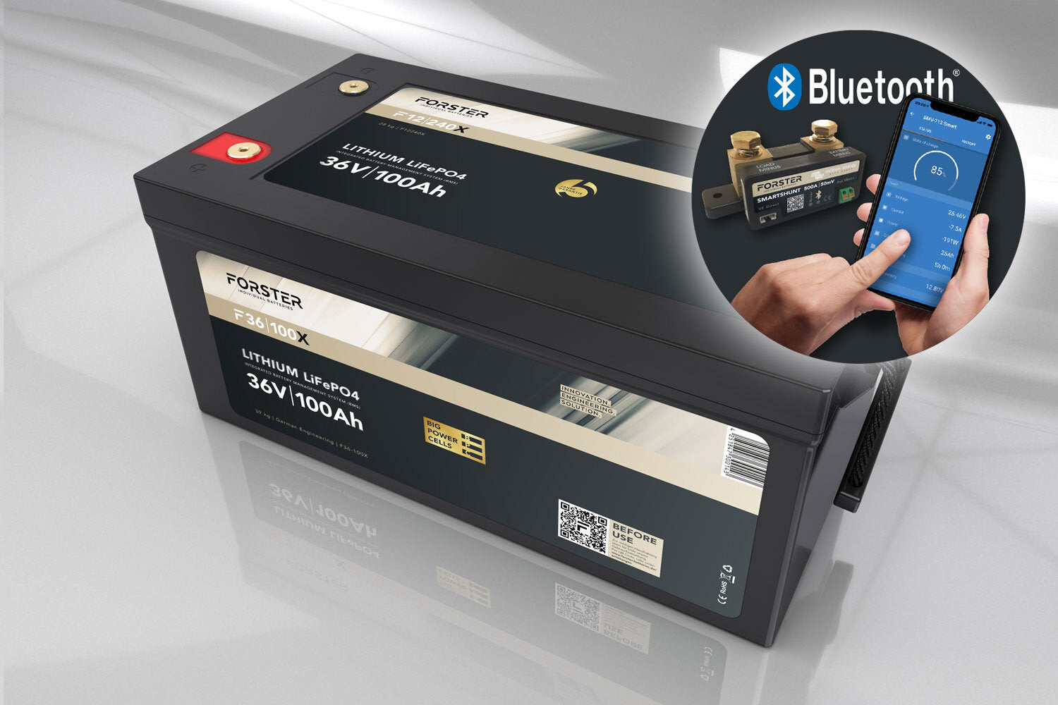 FORSTER 100Ah 38.4V Lithium LiFePO4 Premium Battery 200A-BMS-2.0 500A Bluetooth measuring shunt 3840Wh IP67