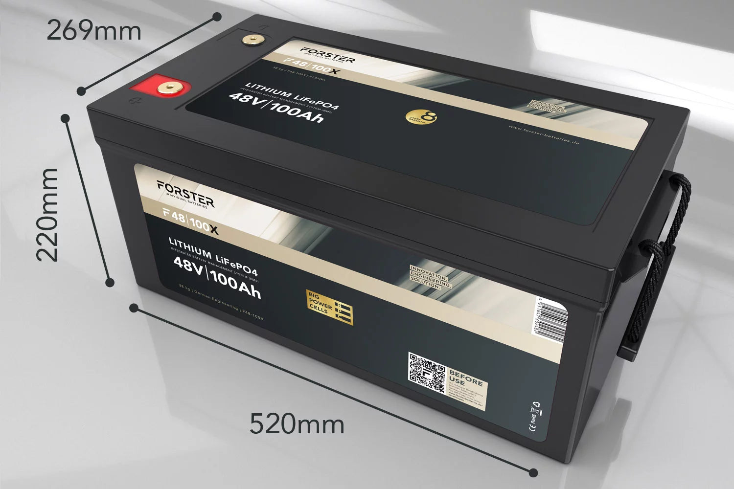 Forster 51.2V Lithium 100Ah Lifepo4 Premium Battery | 200A BMS 2.0 | 500a Bluetooth Mess-Shunt | 5120Wh | IP67