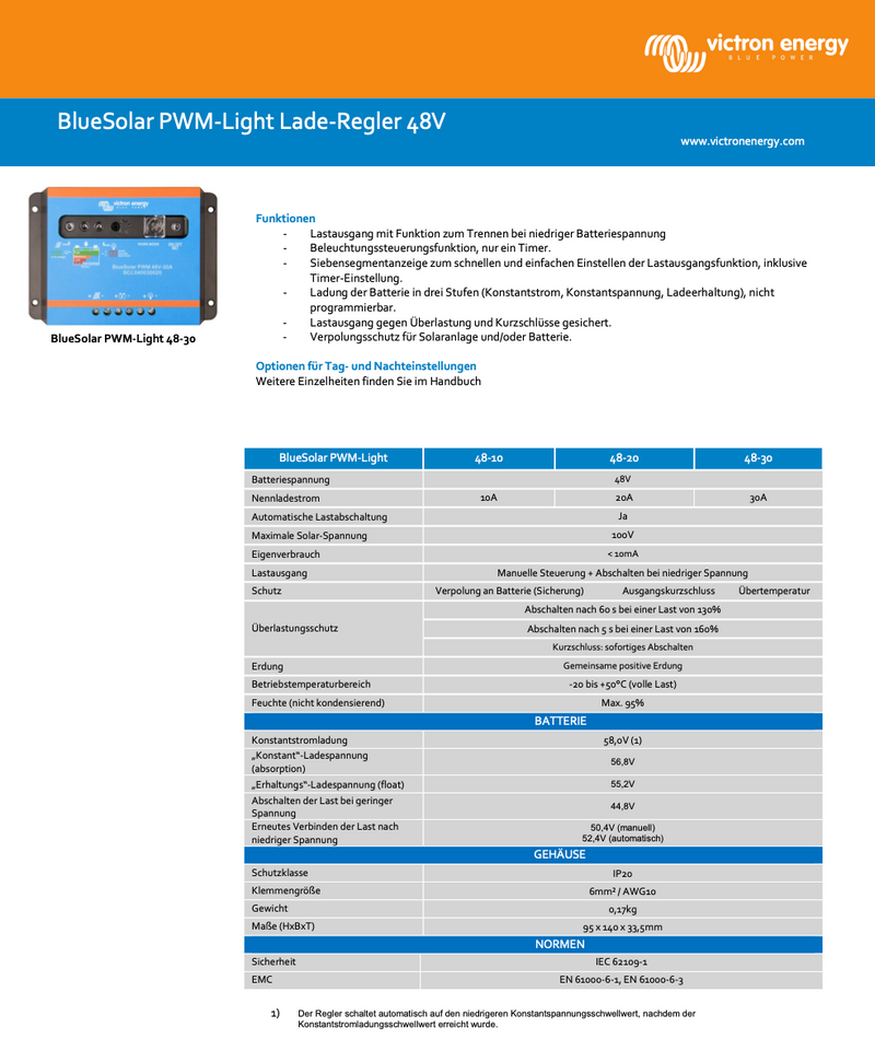 Victron BlueSolar PWM-Light 48V-30A Solarregler