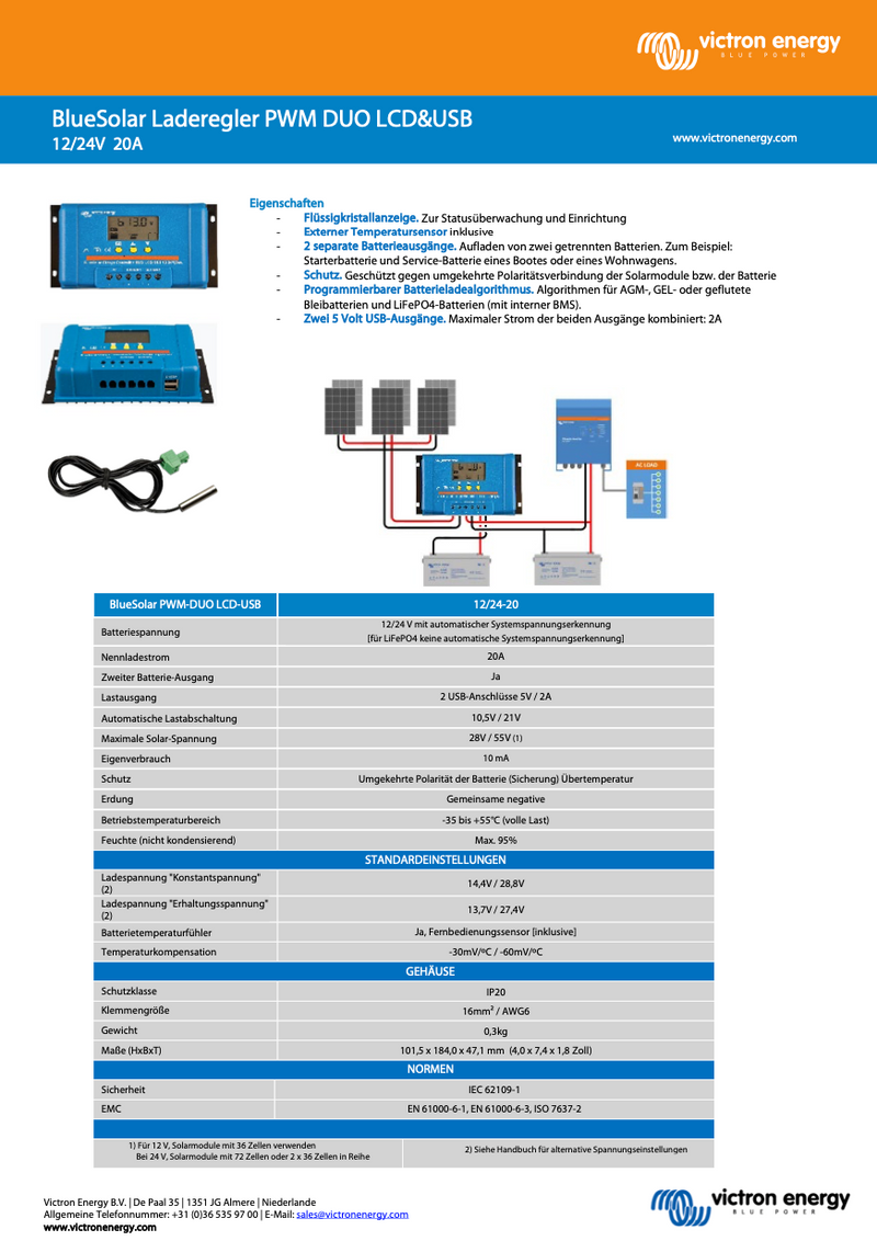 Ηλιακός ελεγκτής Victron BlueSolar PWM DUO-LCD&USB 12/24V-20A