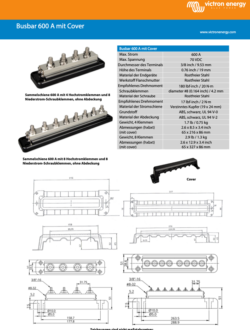 Victron Busbar 600A 4P+Cover