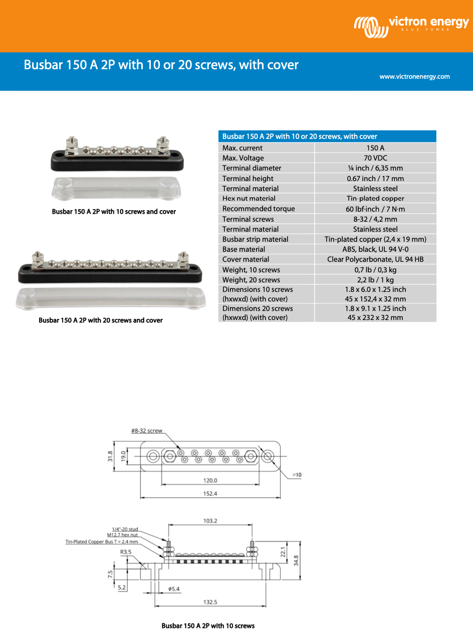 Victron Busbar 150A 2P mit 10 Schrauben +Cover