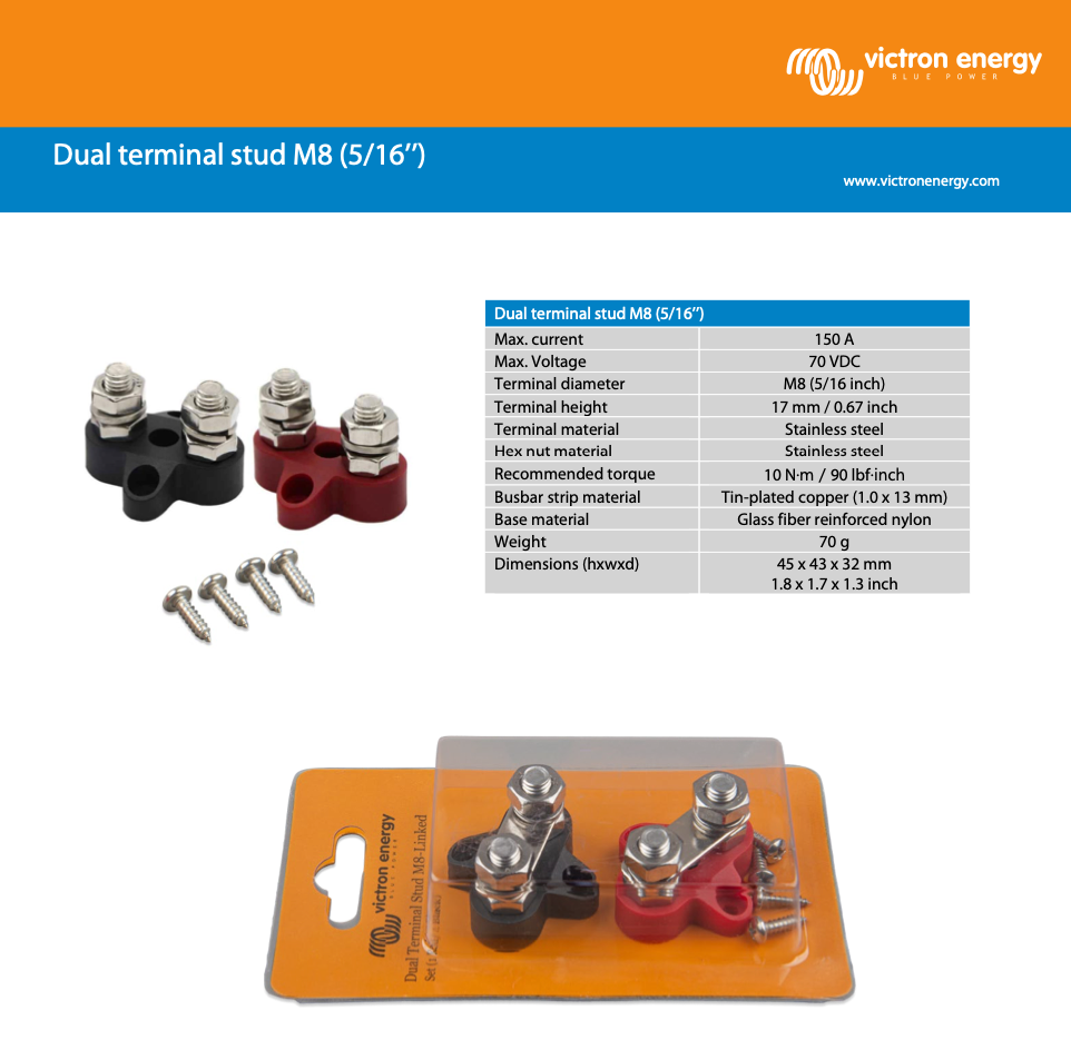 Victron Dual Terminal Stud M8-Linked Set (1 Red/1 Black)