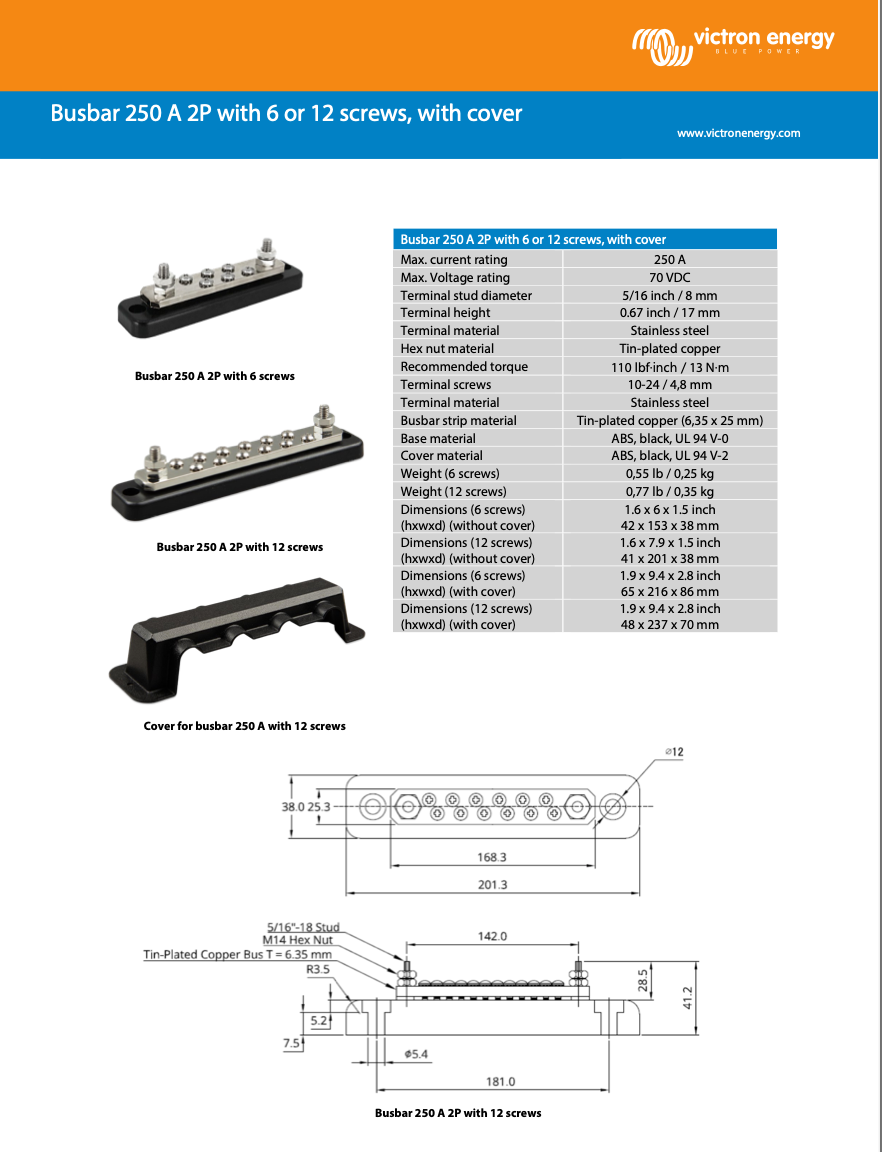 Victron Busbar 250a 2p with 6 screws + cover