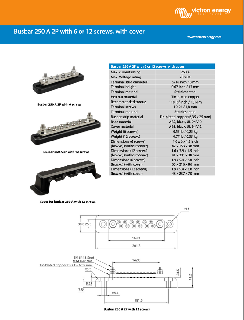 Victron Busbar 250A 2P mit 6 Schrauben + Cover