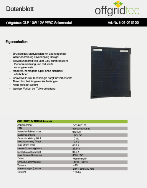 Offgridtec® OLP 10W V2 Solar Panel 18.2V shingle technology perc