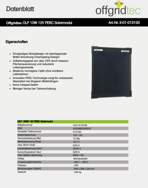 OFFGRIDTEC® OLP 10W V2 Solar Panel 18.2V Τεχνολογία Shingle Perc