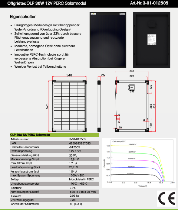 Offgridtec® OLP 30W V2 Solar Panel 23V shingle technology perc