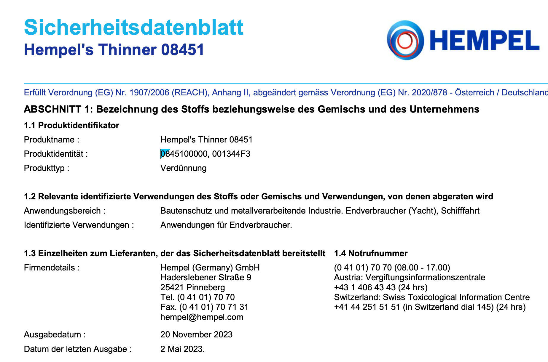 Hempel´s Thinner 845 (Nr.5), 0,75l