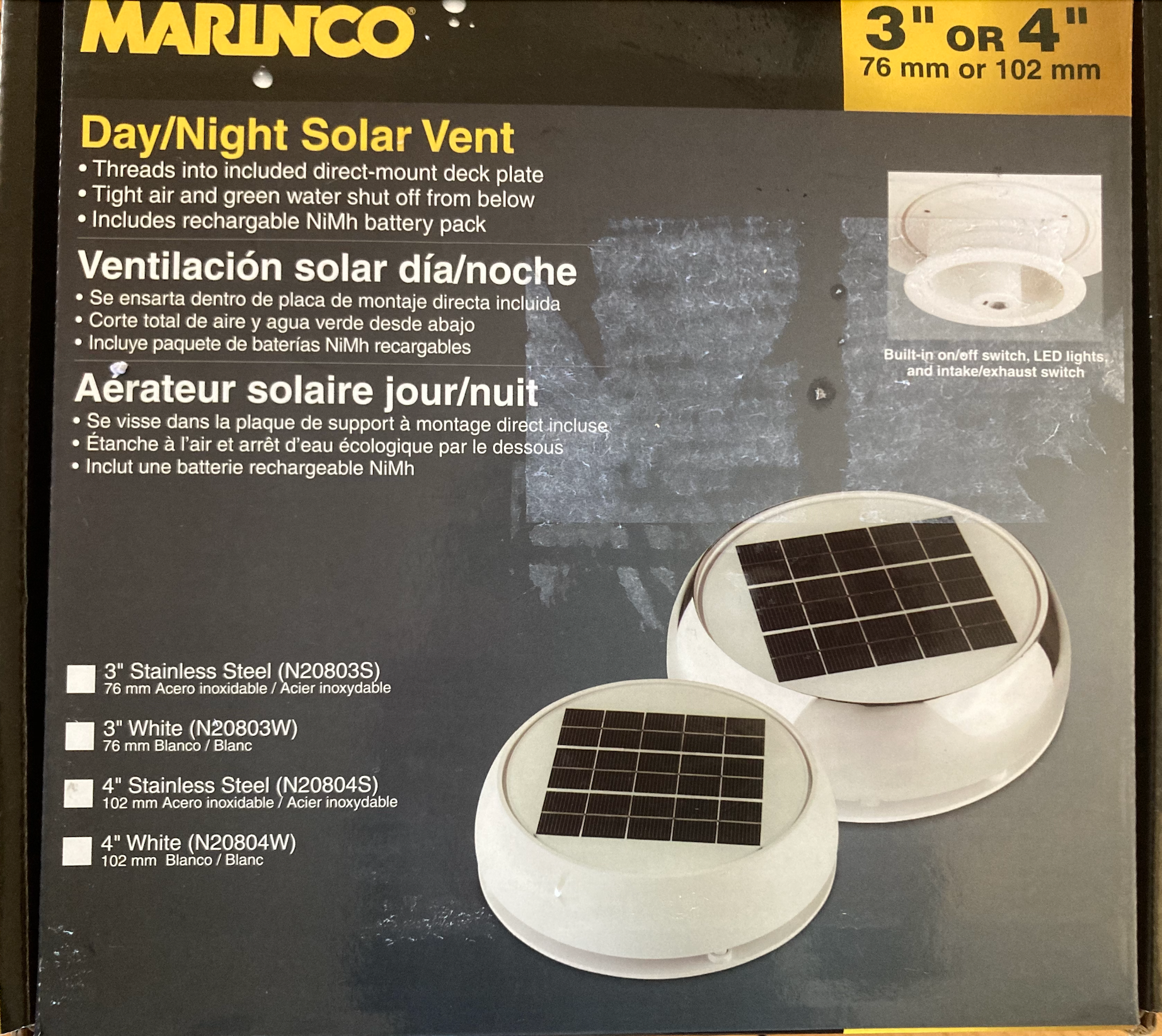 Marinco Solarlüfter Day and Night 100MM = 4" Edelstahl (Verpackung beschädigt siehe Foto)