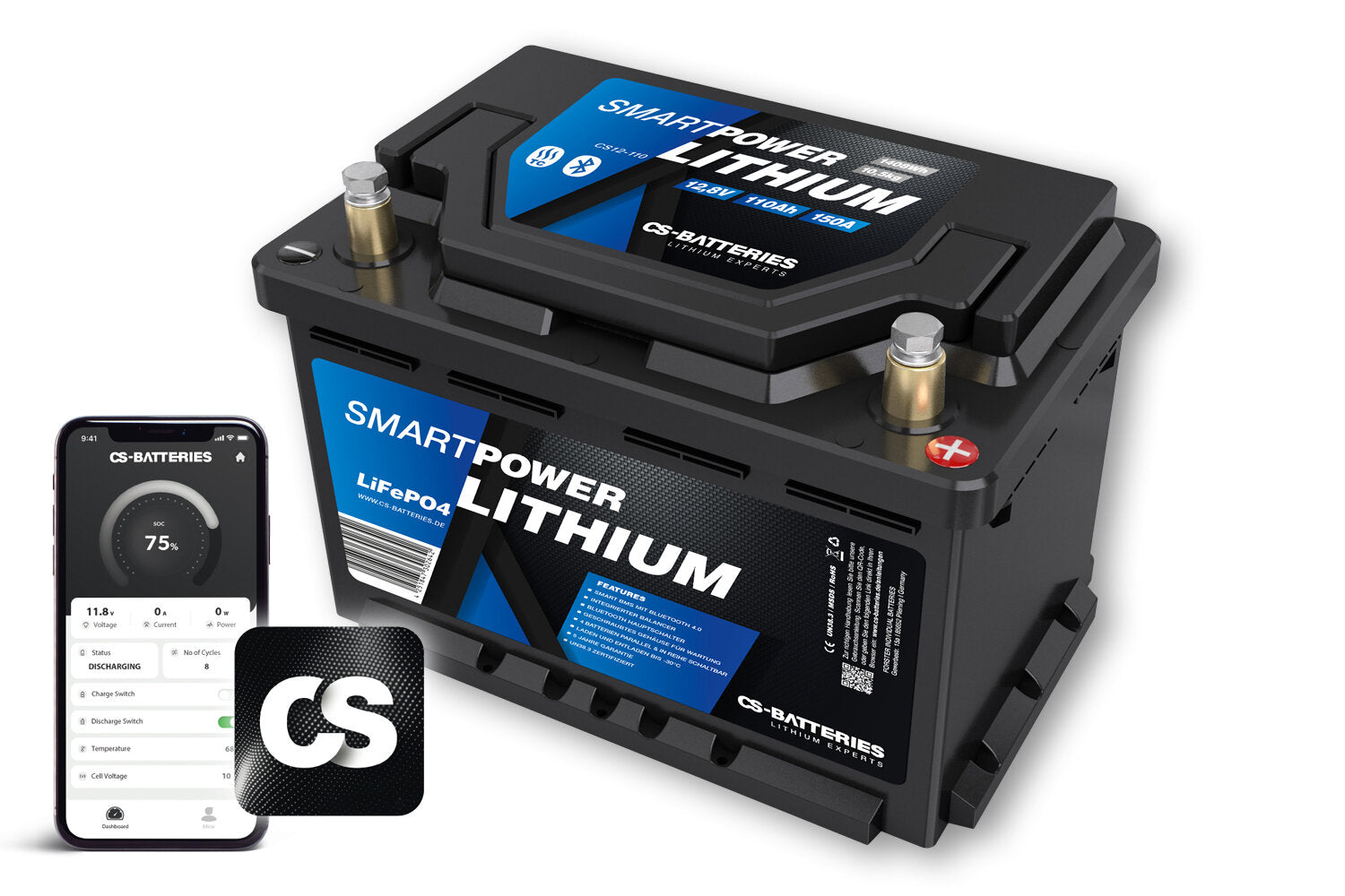 Copy of CS 100AH ​​| 12.8V | 1280Wh | Smart Power Lithium Lifepo4 Battery with Bluetooth 4.0 | Integrated 100a-200a BMS #1