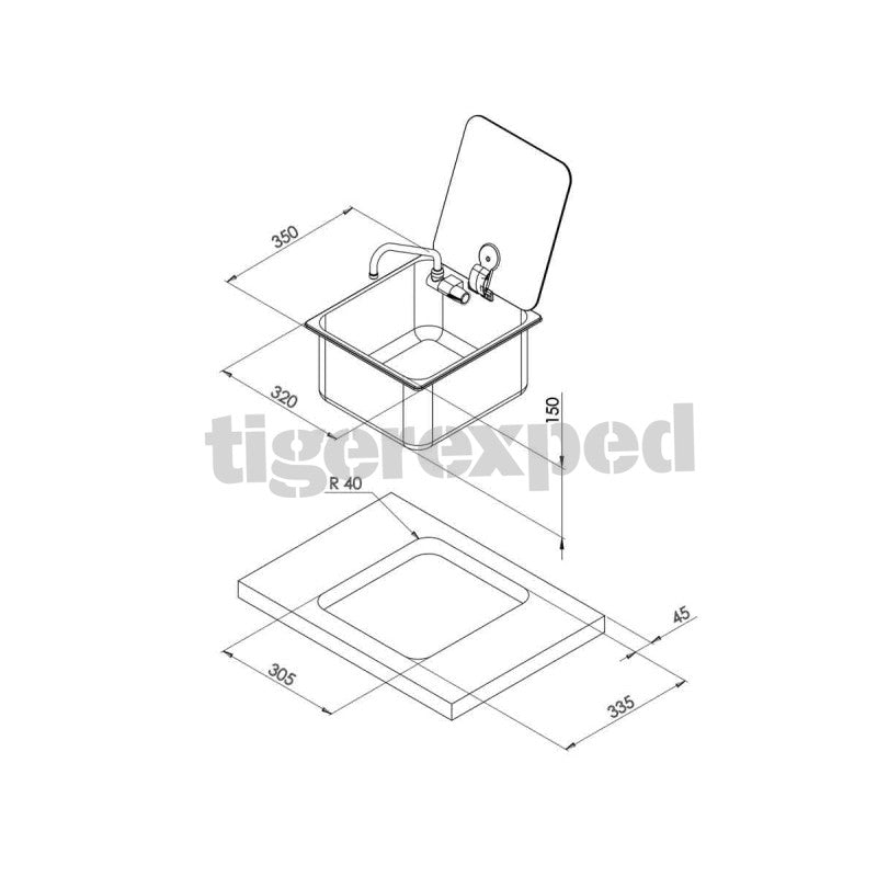 Spüle mit Rauchglas-Abdeckung 325x350 mm