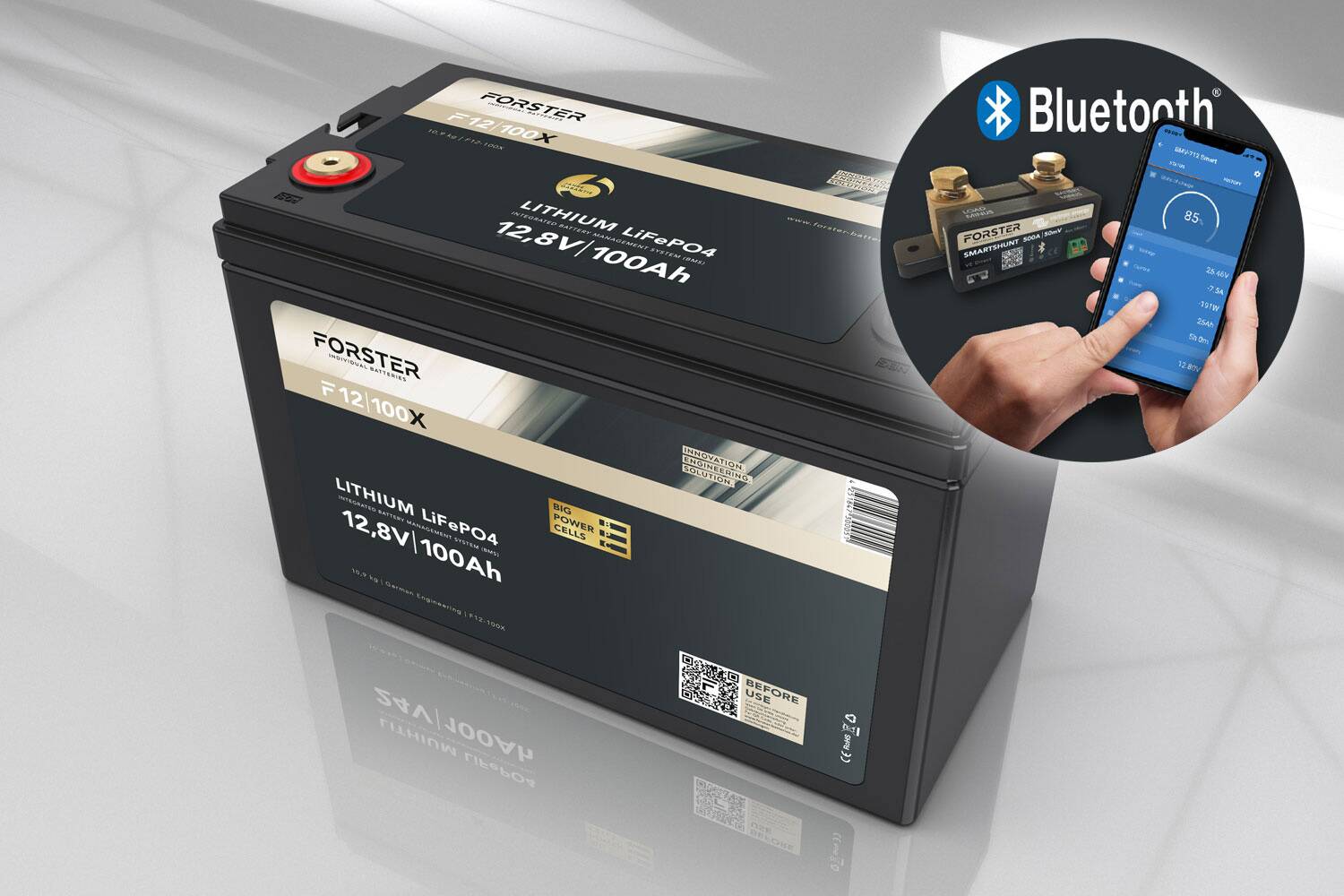 FORSTER 100Ah 12.8V LiFePO4 premium battery | 200A-BMS-2.0 | 500A Bluetooth measuring shunt | IP67