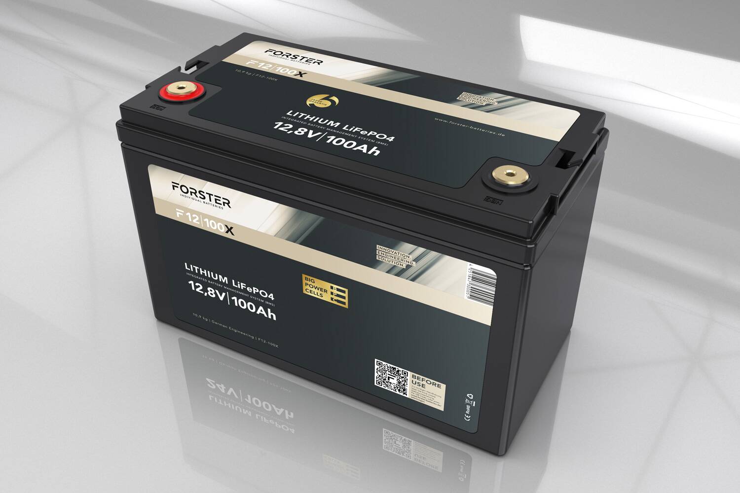 FORSTER 100Ah 12.8V LiFePO4 premium battery | 200A-BMS-2.0 | 500A Bluetooth measuring shunt | IP67