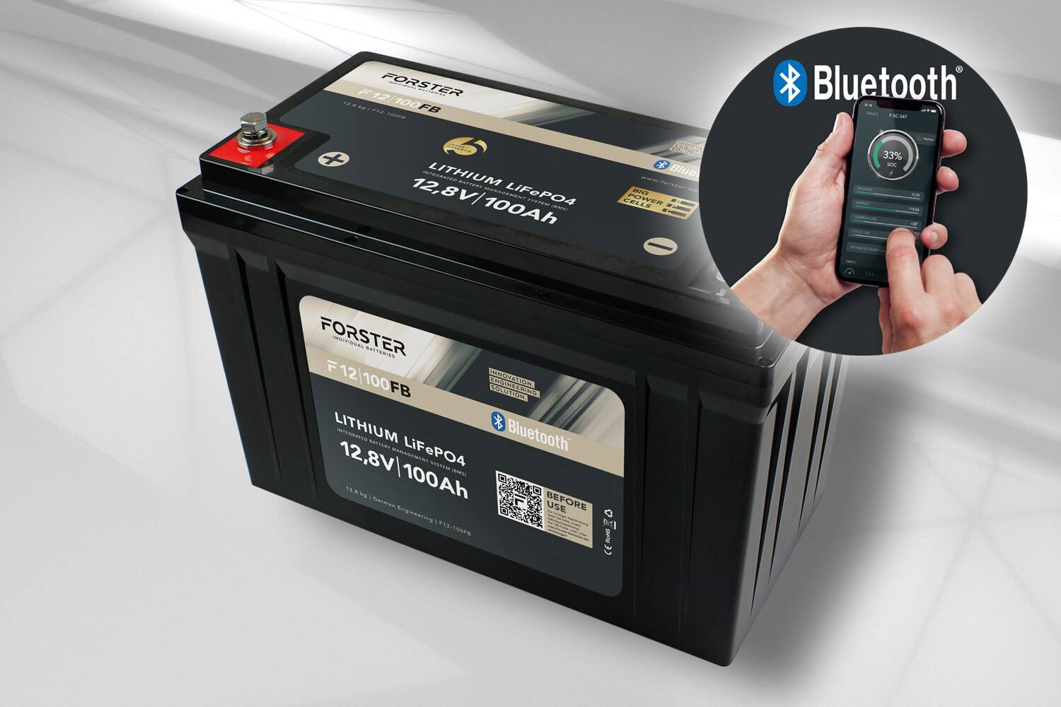 FORSTER 100Ah 12.8V Lithium Fishing Battery | BMS | Smart Bluetooth | IP67