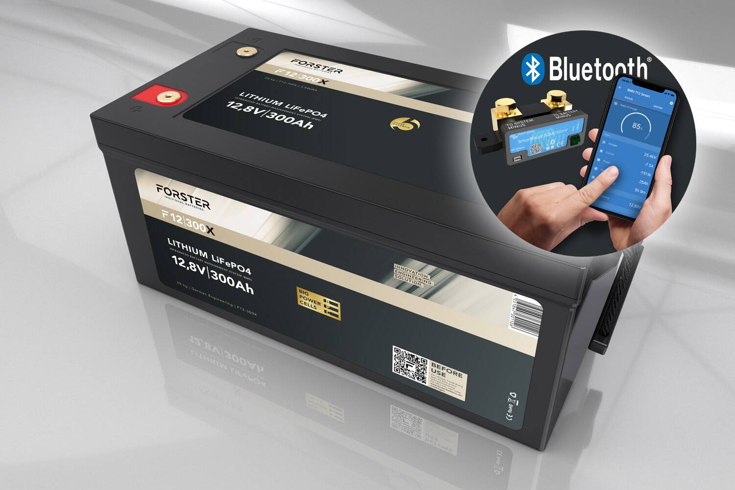Forster 300AH 12.8V LIFEPO4 Premium Battery 200a-BMS-2.0 500A Bluetooth Mess-Shunt 3840WH IP67