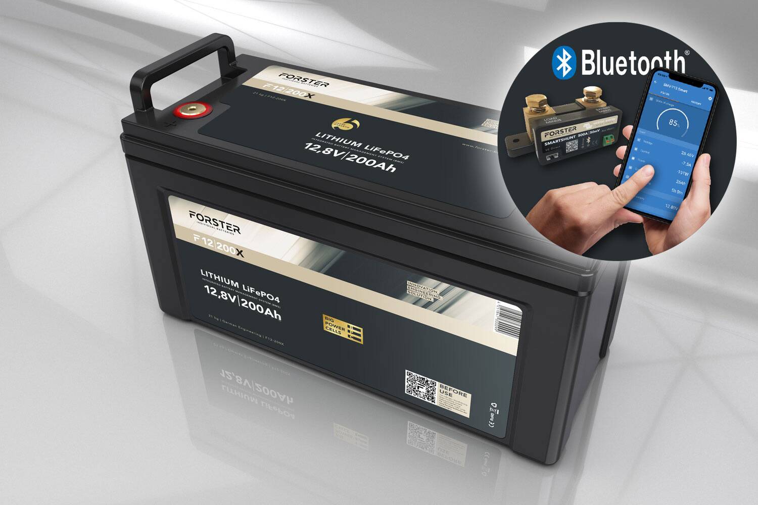 FORSTER 200Ah 12.8V LiFePO4 Premium Lithium Battery 200A-BMS-2.0 500A Bluetooth measuring shunt IP67