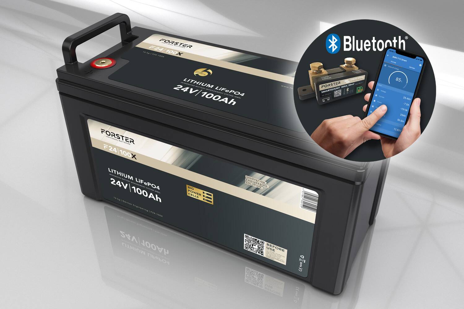 FORSTER 100Ah 25.6V LiFePO4 premium battery | 200A-BMS-2.0 | 500A Bluetooth measuring shunt | 2560Wh | IP67