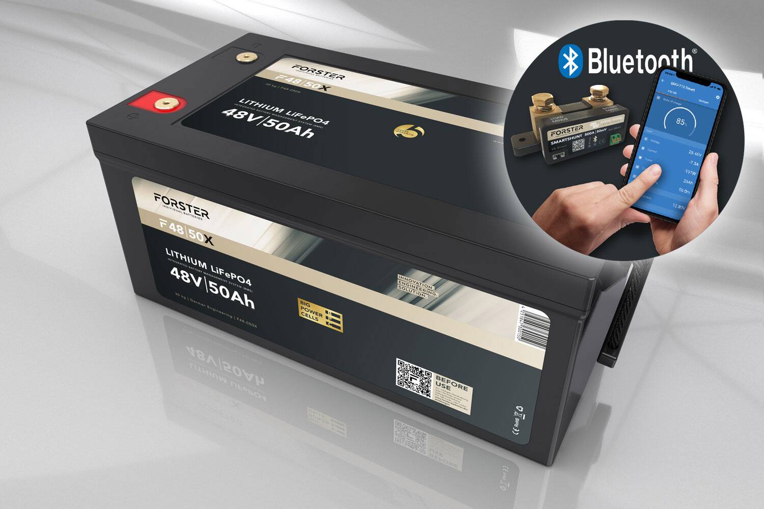 FORSTER 50Ah 51.2V LiFePO4 Premium Battery | 200A-BMS-2.0 | 500A Bluetooth measuring shunt | IP67