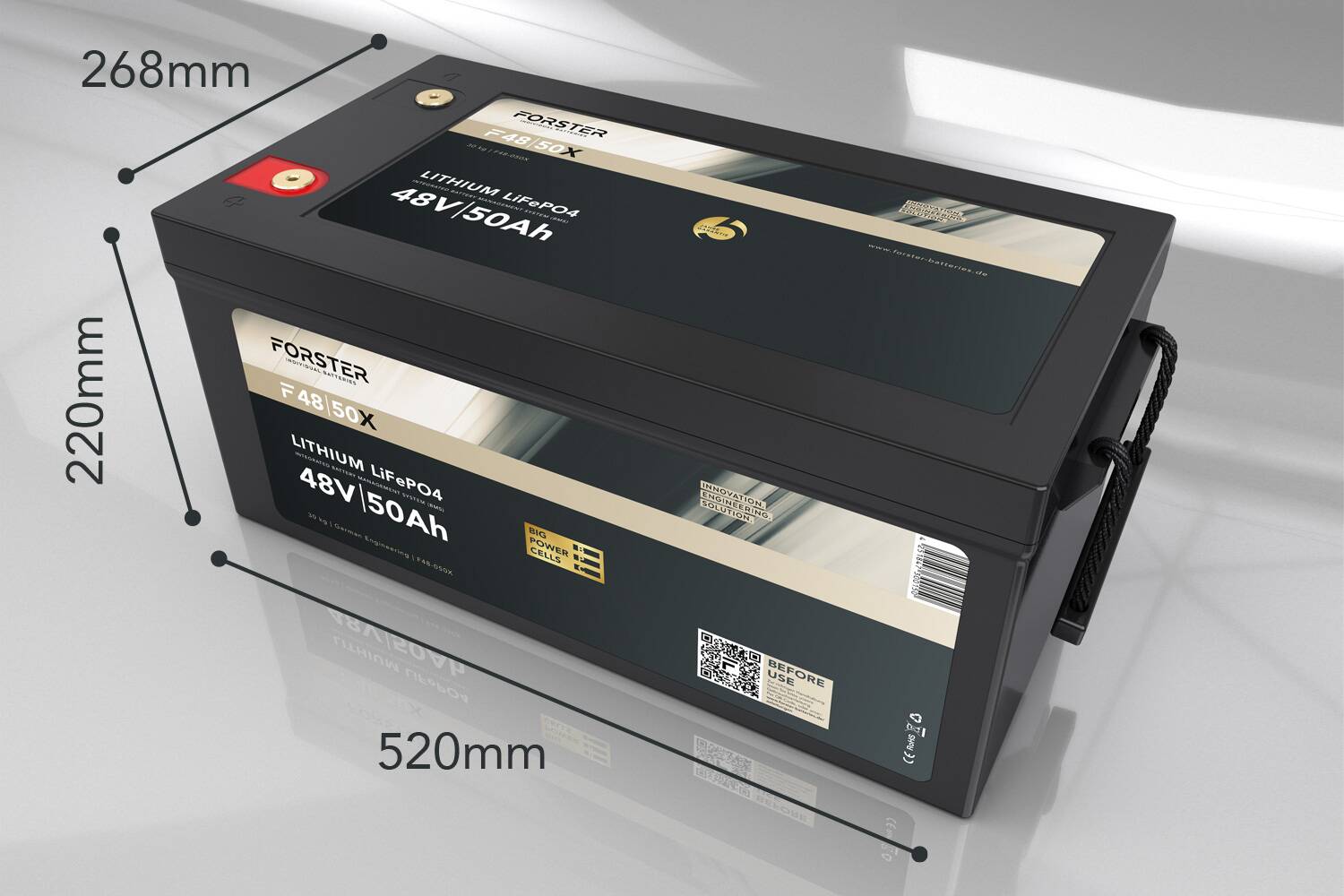 FORSTER 50Ah 51.2V LiFePO4 Premium Battery | 200A-BMS-2.0 | 500A Bluetooth measuring shunt | IP67